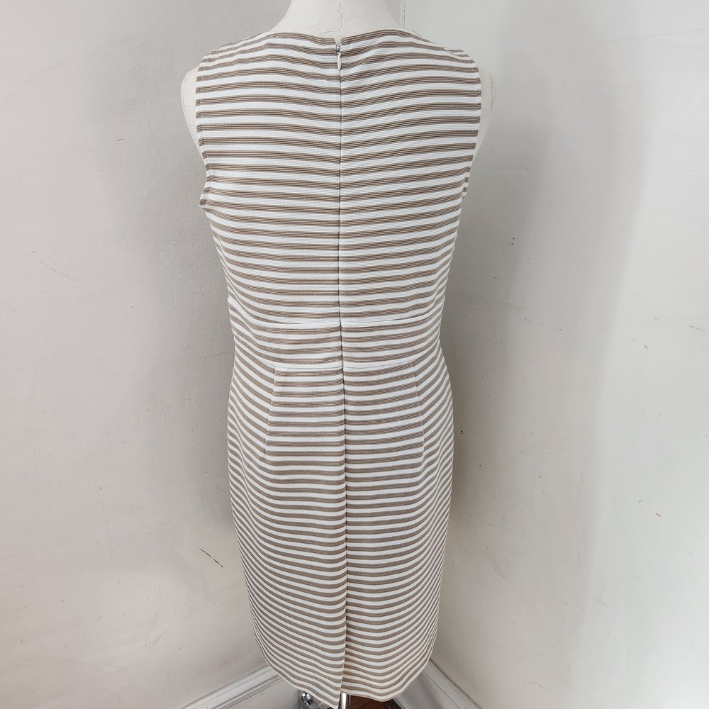 Ann Taylor LOFT Tan White Striped Sleeveless Sheath Dress Size 12 Textured Pique - Picture 2 of 5
